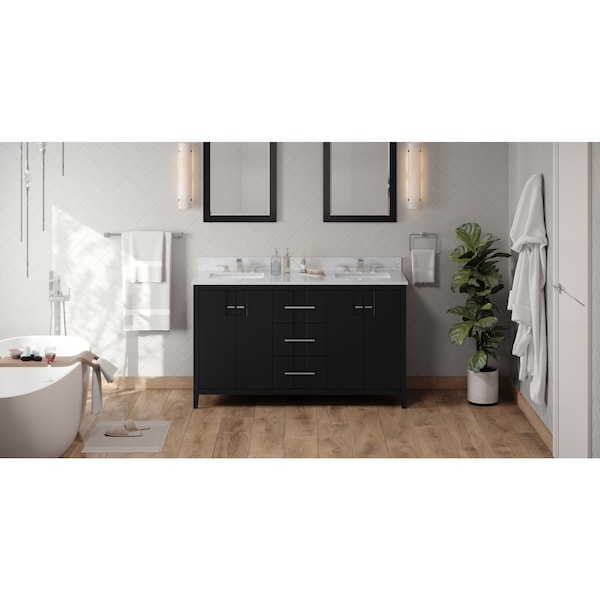 Jeffrey Alexander 60In. Black Katara Vanity, Double Bowl, White Carrara Marble Vanity Top, 2 Undrmnt Rctngl Bowls VKITKAT60BKWCR - main